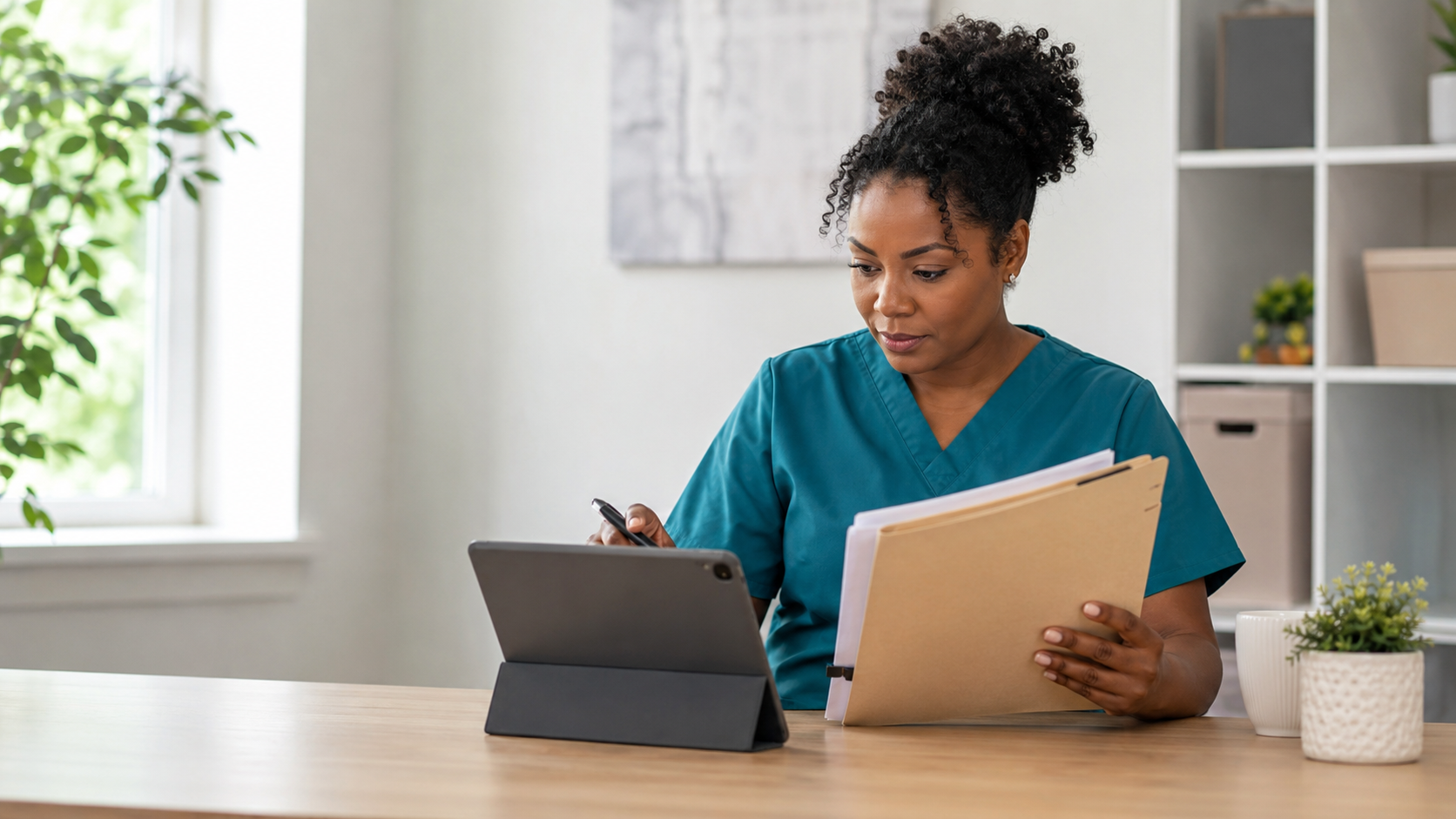Personal Support Worker reviewing a client care plan and electronic care notes Image title: PSW Care Plan vs Daily Care Notes