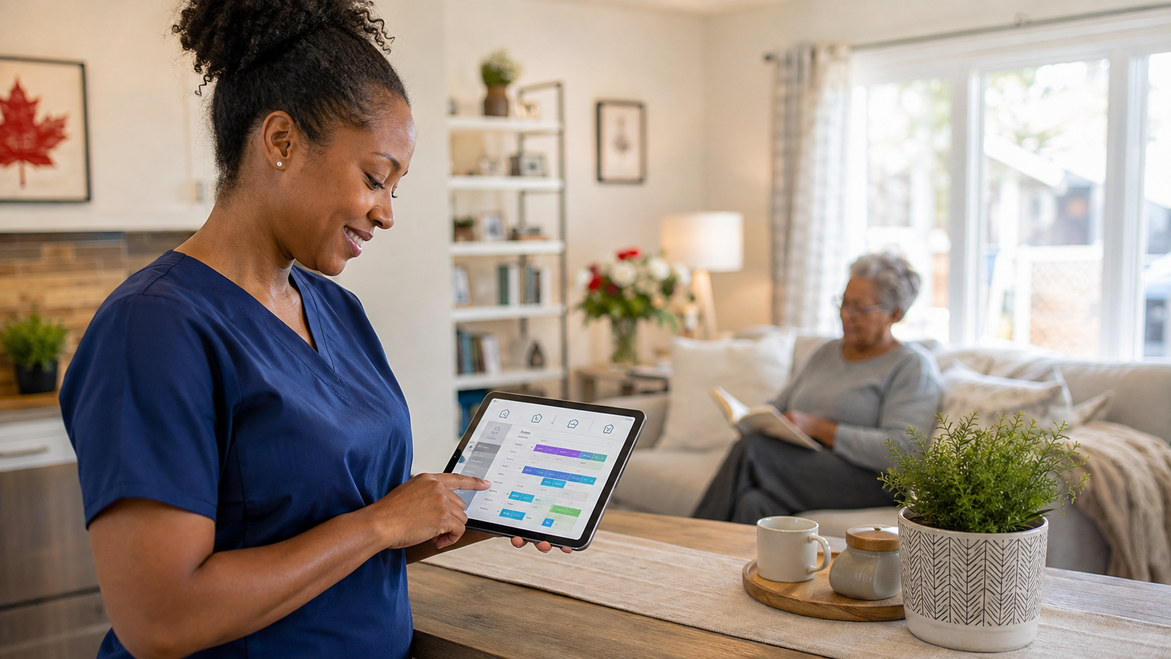 Canadian Personal Support Worker reviewing client schedules using PSW software